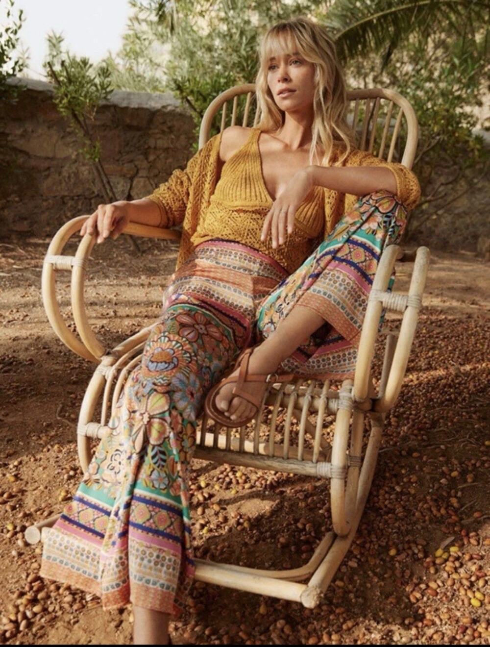 Molly Bracken Satin Palazzo Pants Olga Print Boho XL
